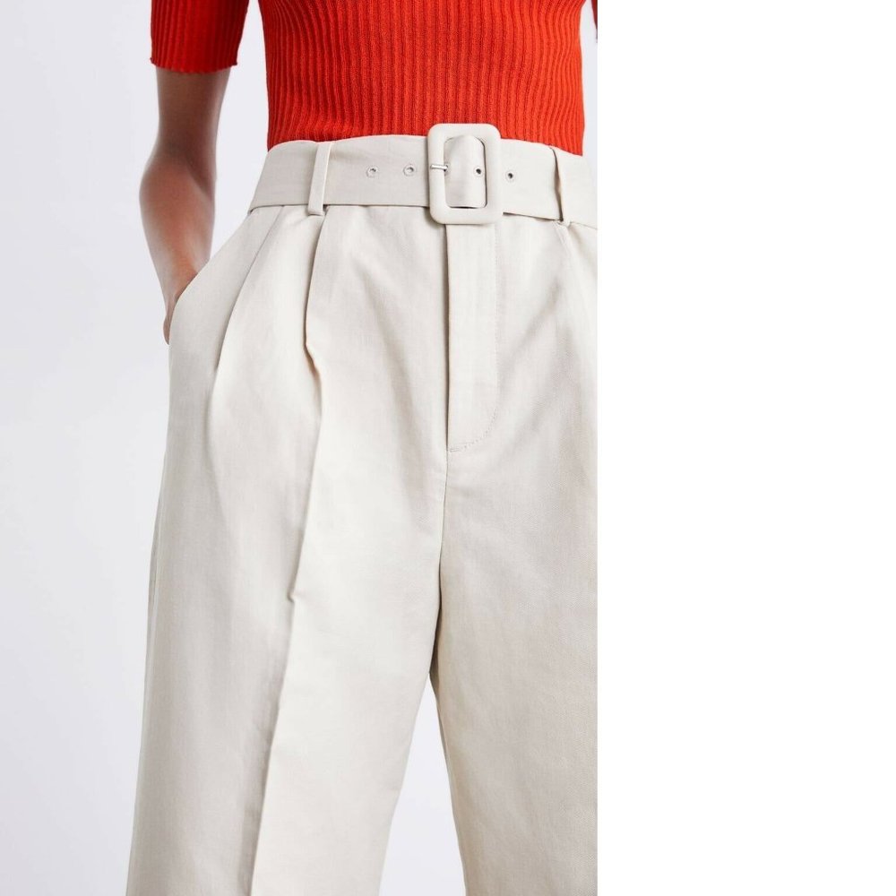 ZARA Women's Size XS Beige Belted High Rise Pleated Tapered Leg Trouser Pants